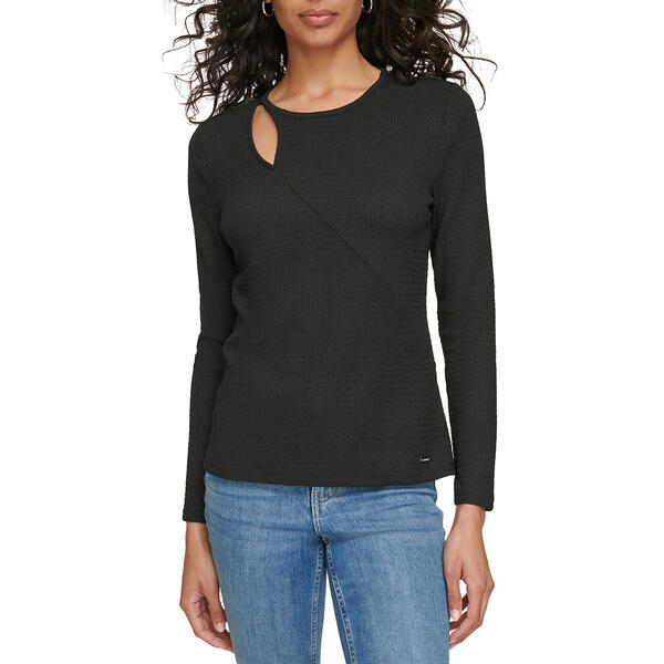 Womens Calvin Klein Long Sleeve Smocked Abstract Cutout Knit Tee - image 