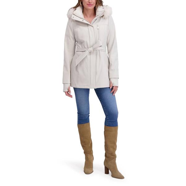 Womens Kensie Belted Softshell Jacket with Faux Fur Trimmed Hood