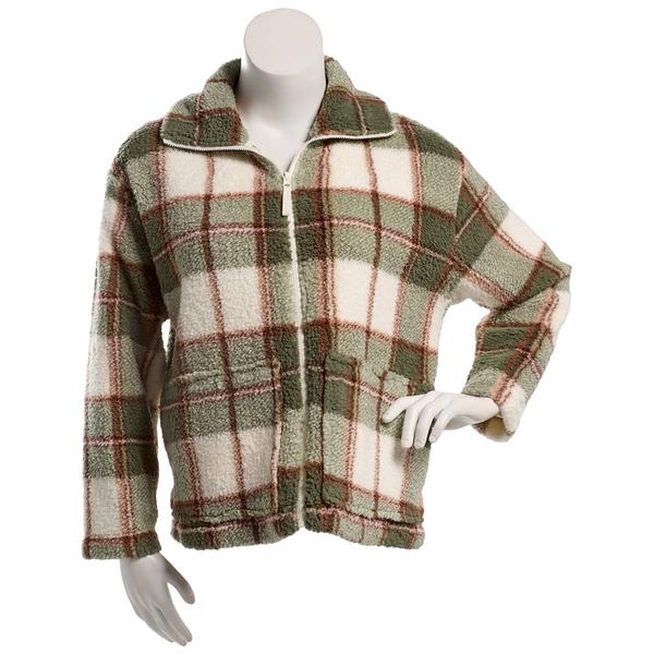 Juniors Pink Rose Plaid Sherpa Zip Front Jacket- Olive