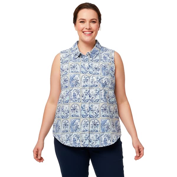Plus Size Erika Sleeveless Tropical Postcard Button Front Blouse
