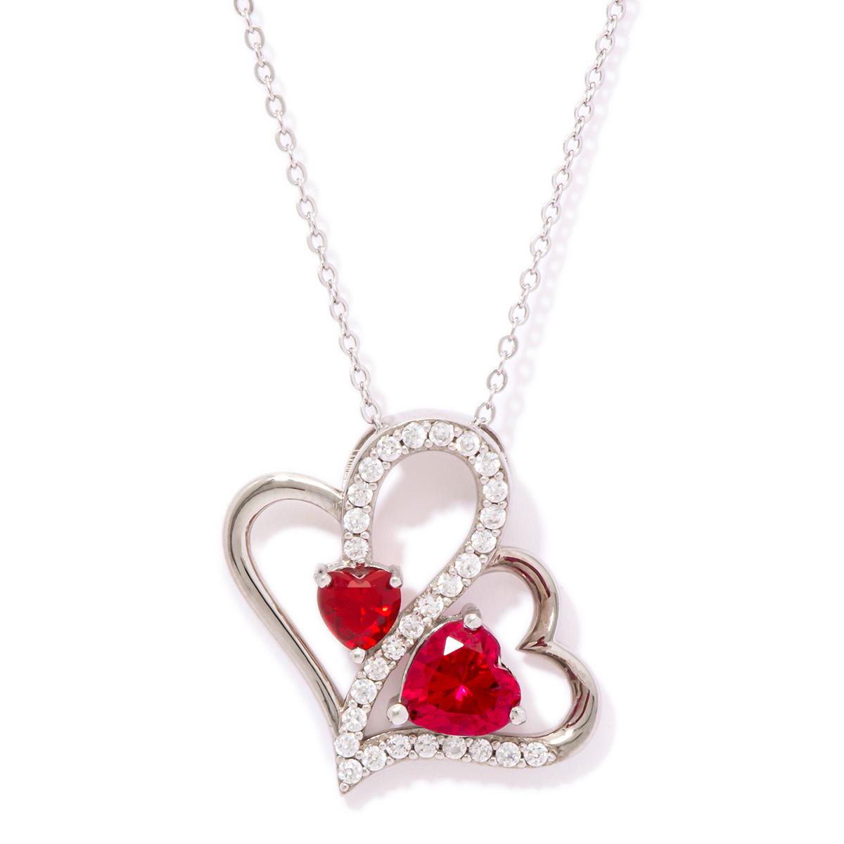 Lab Ruby and CZ Double Heart Pendant
