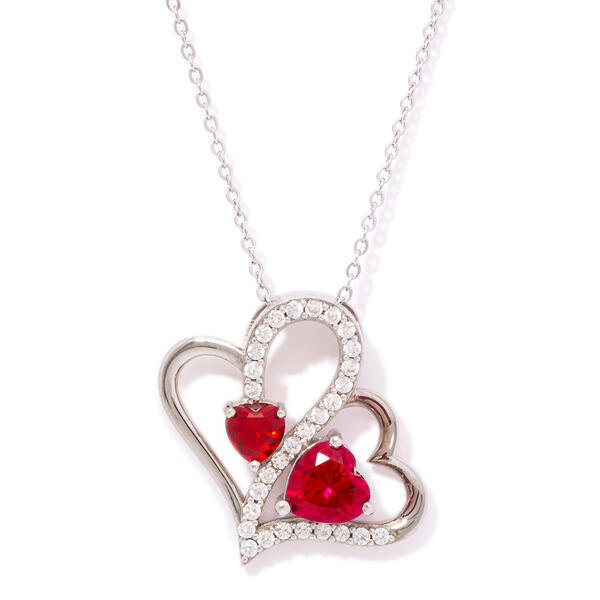 Lab Ruby and Cubic Zirconia Double Heart Pendant - image 