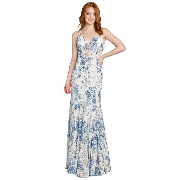 Juniors Morgan & Co. Floral Lace Corset Mermaid Dress with Pin - image 