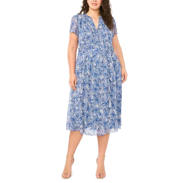 Plus Size MSK Short Sleeve Chiffon Pintuck Midi Dress