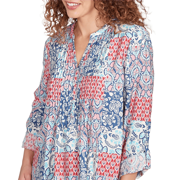 Petite Ruby Rd. Indigo Go Pintuck Patchwork Henley Blouse