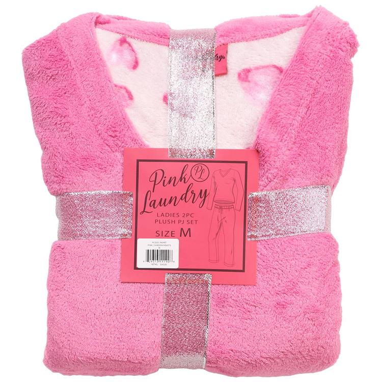 Womens Pink Laundry Long Sleeve Hearts Plush Folded Pajama Set