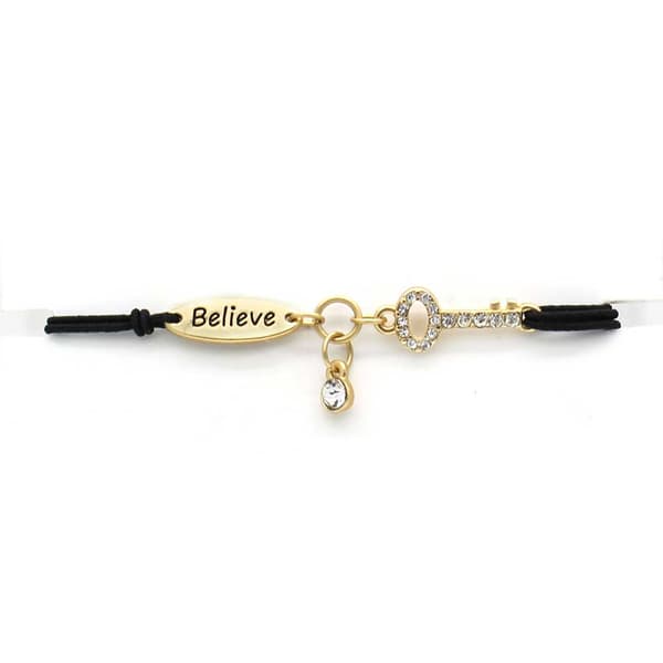 Gold-Tone Plated Pave Crystal Key Charm Stretch Bracelet - image 
