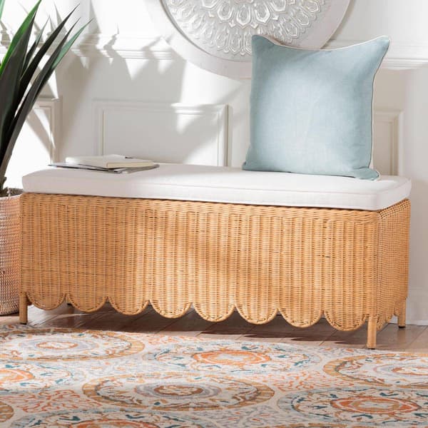 bali & pari Teresa Bohemian Honey Scalloped Rattan Ottoman Bench