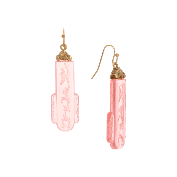 1928 14kt. Gold-Tone Peach Glass Art Deco Drop Earrings - image 