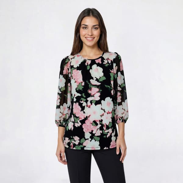 Womens Kasper 3/4 Sleeve Pleat Round Neck Floral Blouse - image 