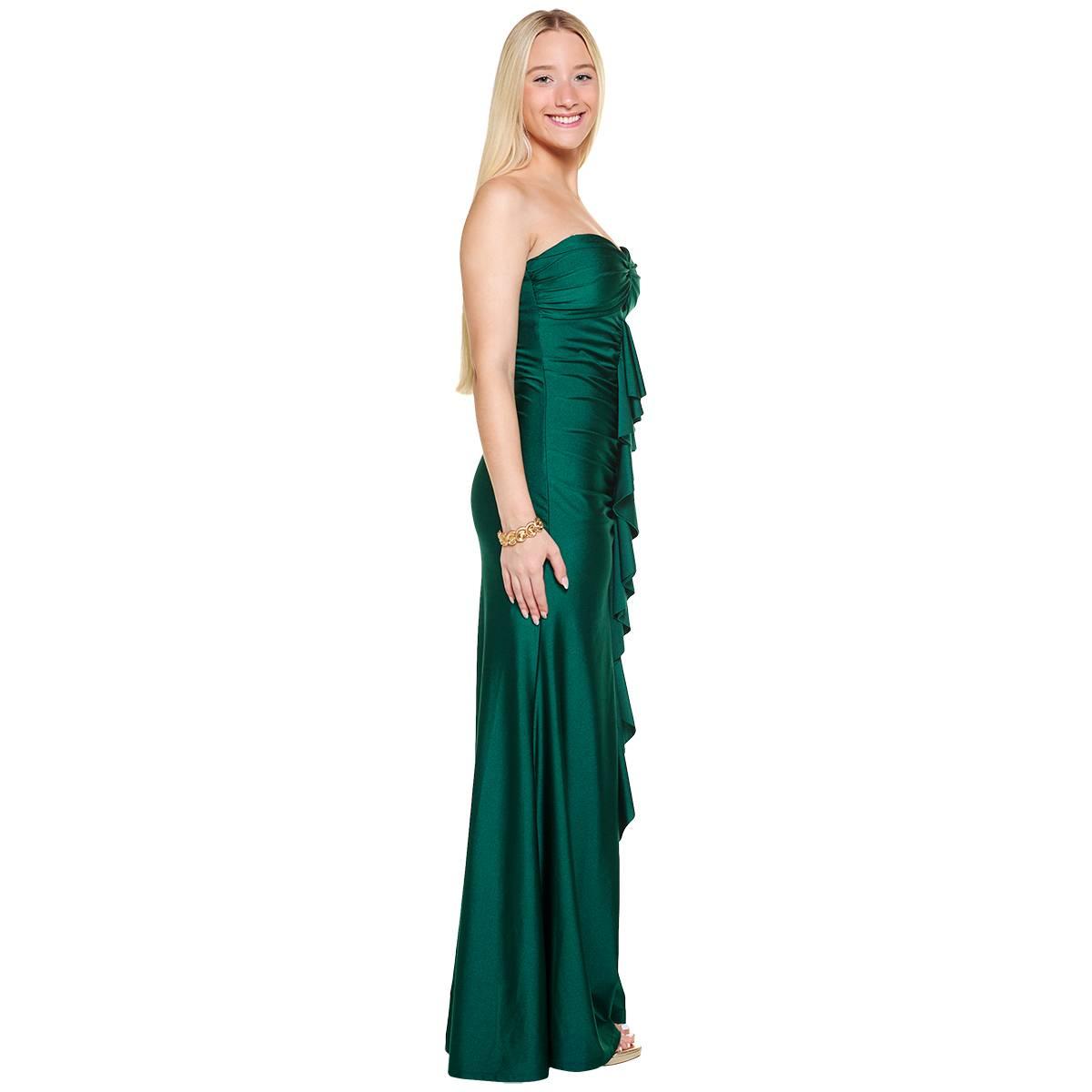 Juniors Emerald Sundae Sateen Strapless Ruffle Front A-Line Dress