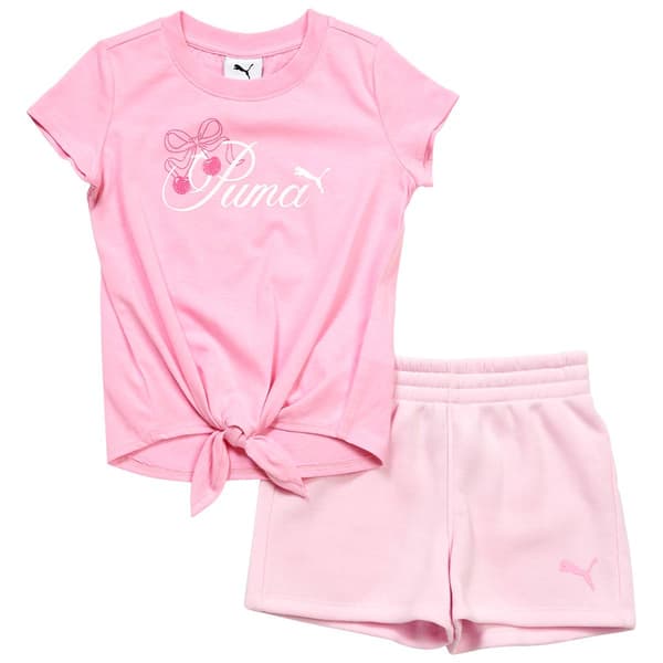 Girls (4-6x) Puma(R) Cherry Logo Tie Front Tee & Fleece Short Set