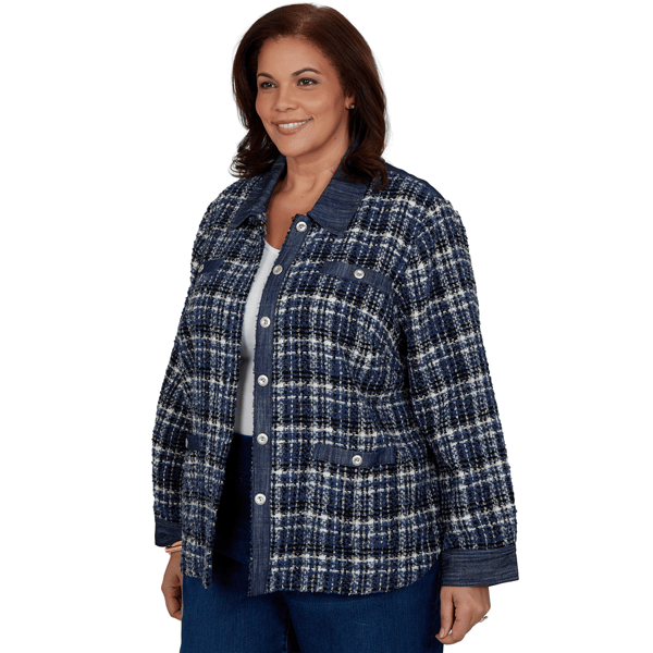 Plus Size Alfred Dunner Tuscany Denim Trim Plaid Eyelash Jacket