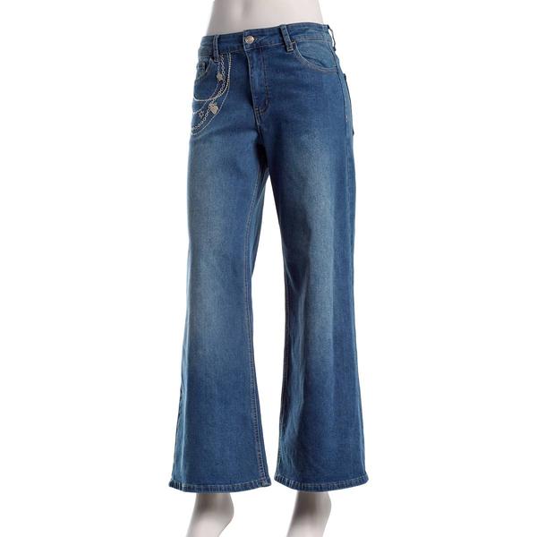 Juniors No Comment Mid Rise Wide Leg Chain Embroidered Jeans