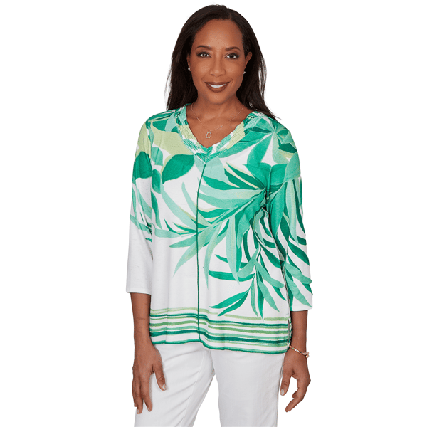 Petite Alfred Dunner Resort Living V Neck Artisan Leaf Blouse