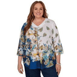 Plus Size Alfred Dunner Indigo Girls 3/4 Sleeve Floral Blouse