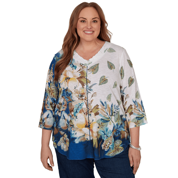 Plus Size Alfred Dunner Indigo Girls 3/4 Sleeve Floral Blouse