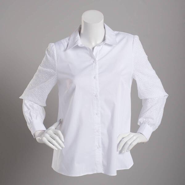 Womens Zac & Rachel Casual Button Down Eyelet Solid Blouse - image 