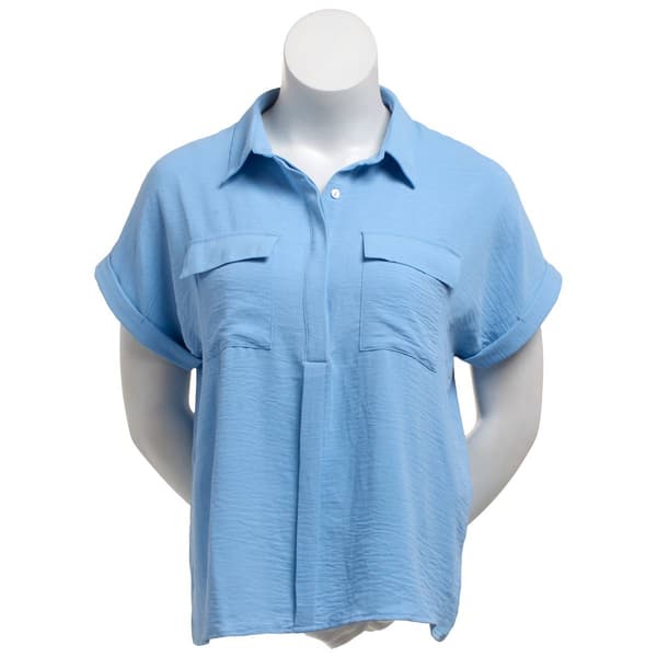 Plus Size Notations Short Sleeve Solid Button Front Blouse