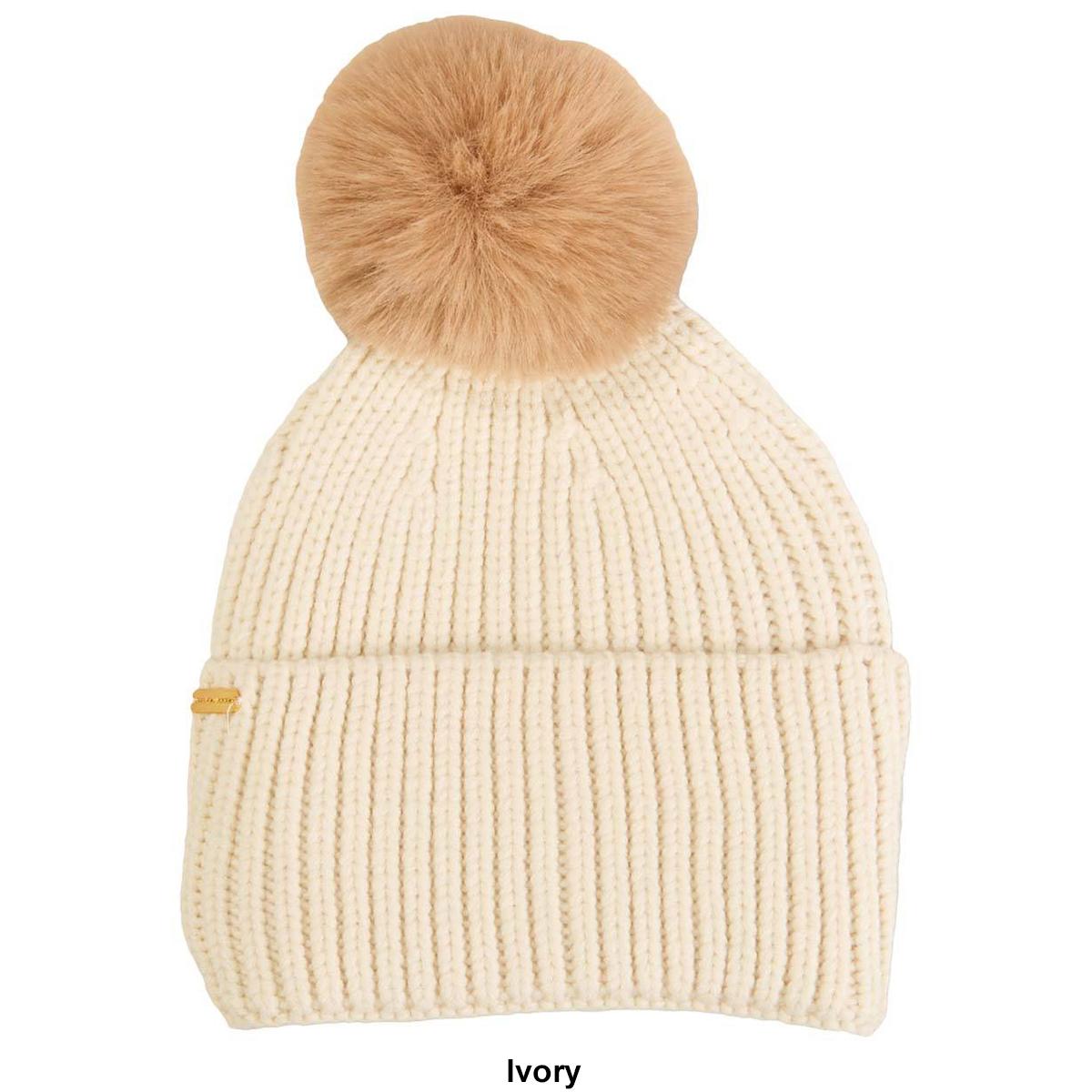 Womens Steve Madden Ribbed Knit Beanie with Faux Fur Pom