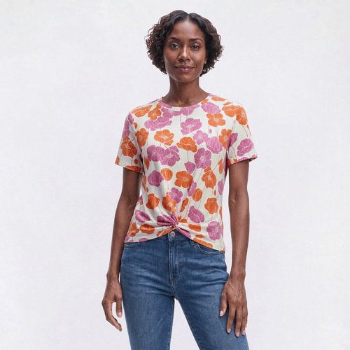 Womens Bobeau Short Sleeve Floral Knot Front Tee - image 