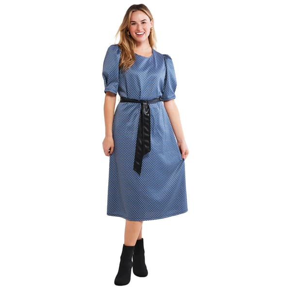 Womens Emma & Michele Puff Sleeve Print Knit Dress w/Belt - image 