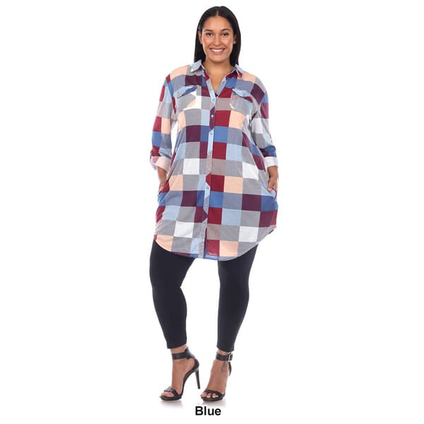 Plus Size White Mark Long Sleeve Roll Cuff Plaid Shirt Dress