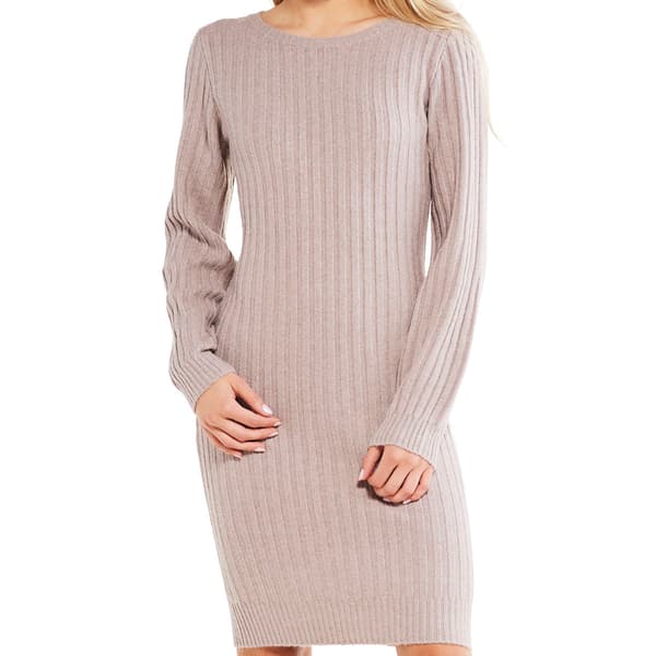 Juniors Pink Rose Ribbed Bubble Sleeve Crew Neck Shift Dress