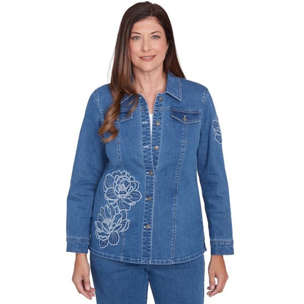 Petite Alfred Dunner Free Spirit Floral Applique Denim Jacket - image 