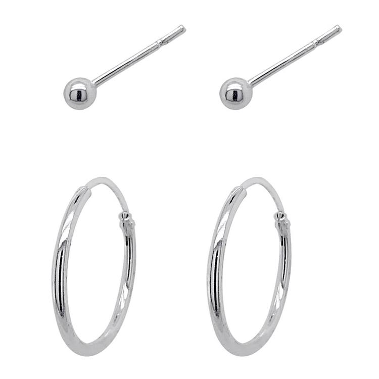 Marsala Sterling Silver 3mm Ball Stud & 16mm Hoop Earrings Set