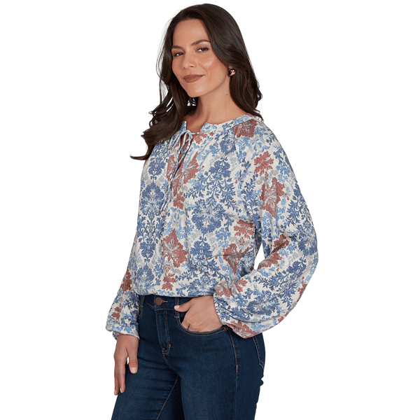 Petite Skye’s the Limit Urban Heirloom Tie Neck Damask Blouse