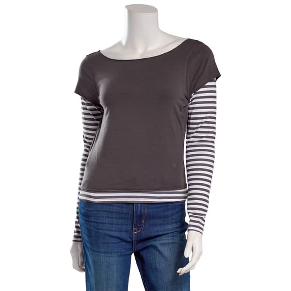 Juniors No Comment Boat Neck Top With Contrast Sleeves - Iron - image 