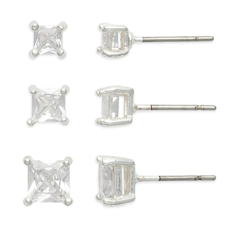Freedom 3pr. Silver-Tone Square CZ Stud Earrings Set