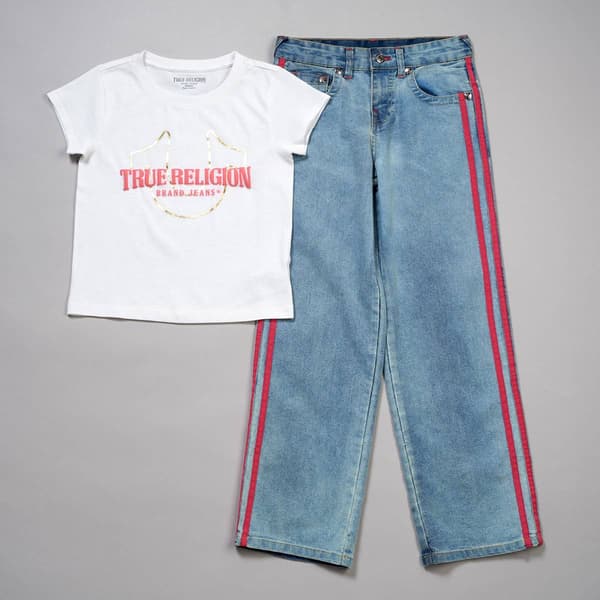 Girls(7-16) True Religion Short Sleeve Logo Tee w/ Wide Leg Jeans