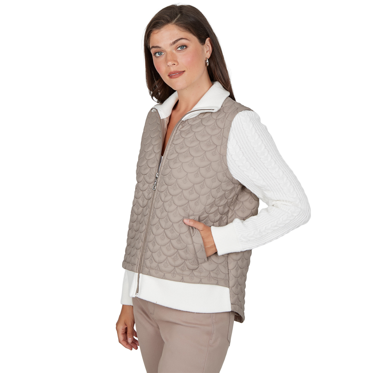 Petite Ruby Rd. Mythical Cable Knit Sleeve Quilted Jacket