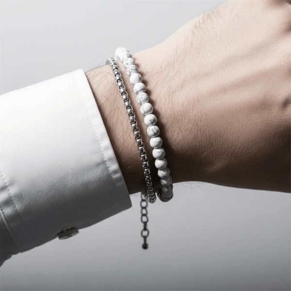Mens Iron Saints Silver Tone Layered Box Chain & Beaded Bracelet