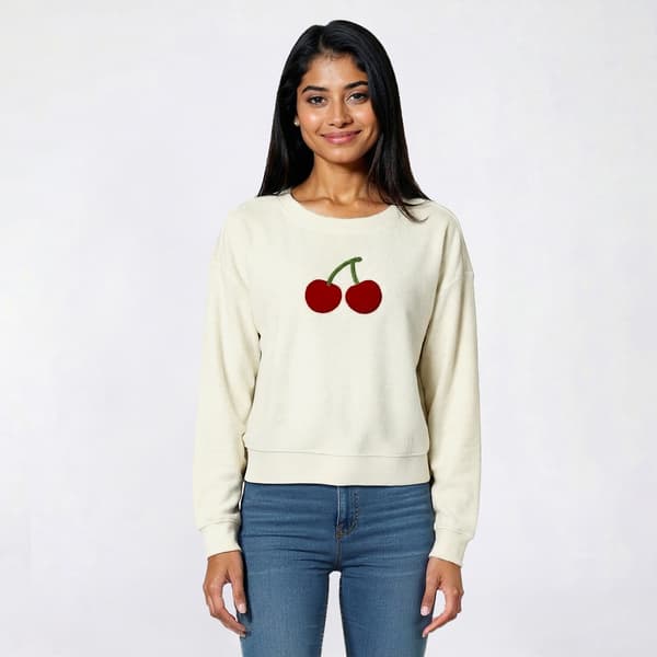 Juniors No Comment Ribbed Chenille Cherry Applique Sweatshirt - image 