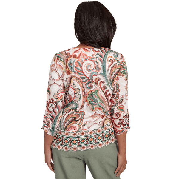 Petite Alfred Dunner Copper Canyon Ruched Sleeve Scroll Blouse