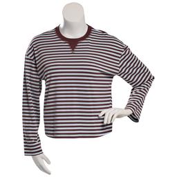 Juniors Pink Rose Long Sleeve Oversized Striped V-Notch Top-PnkBl