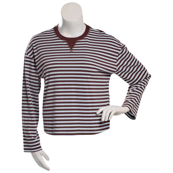 Juniors Pink Rose Long Sleeve Oversized Striped V-Notch Top-PnkBl - image 