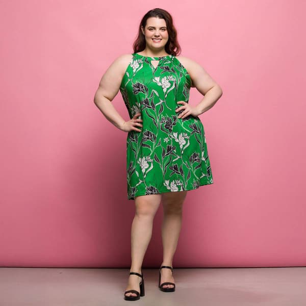 Plus Size 24/7 Comfort Apparel Green Floral Keyhole Dress