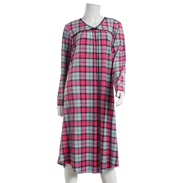 Petite White Orchard Long Sleeve 44in. Plaid Velour Nightgown