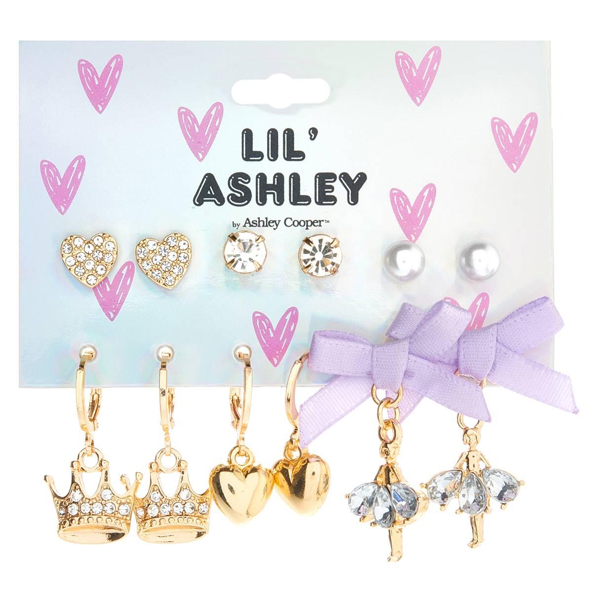 Kids Lil’ Ashley 6pr. Gold Hearts/Crowns/Ballerina Earrings Set
