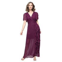 Womens SLNY Short Sleeve RuChed Waist Foil Dot Cascade Gown