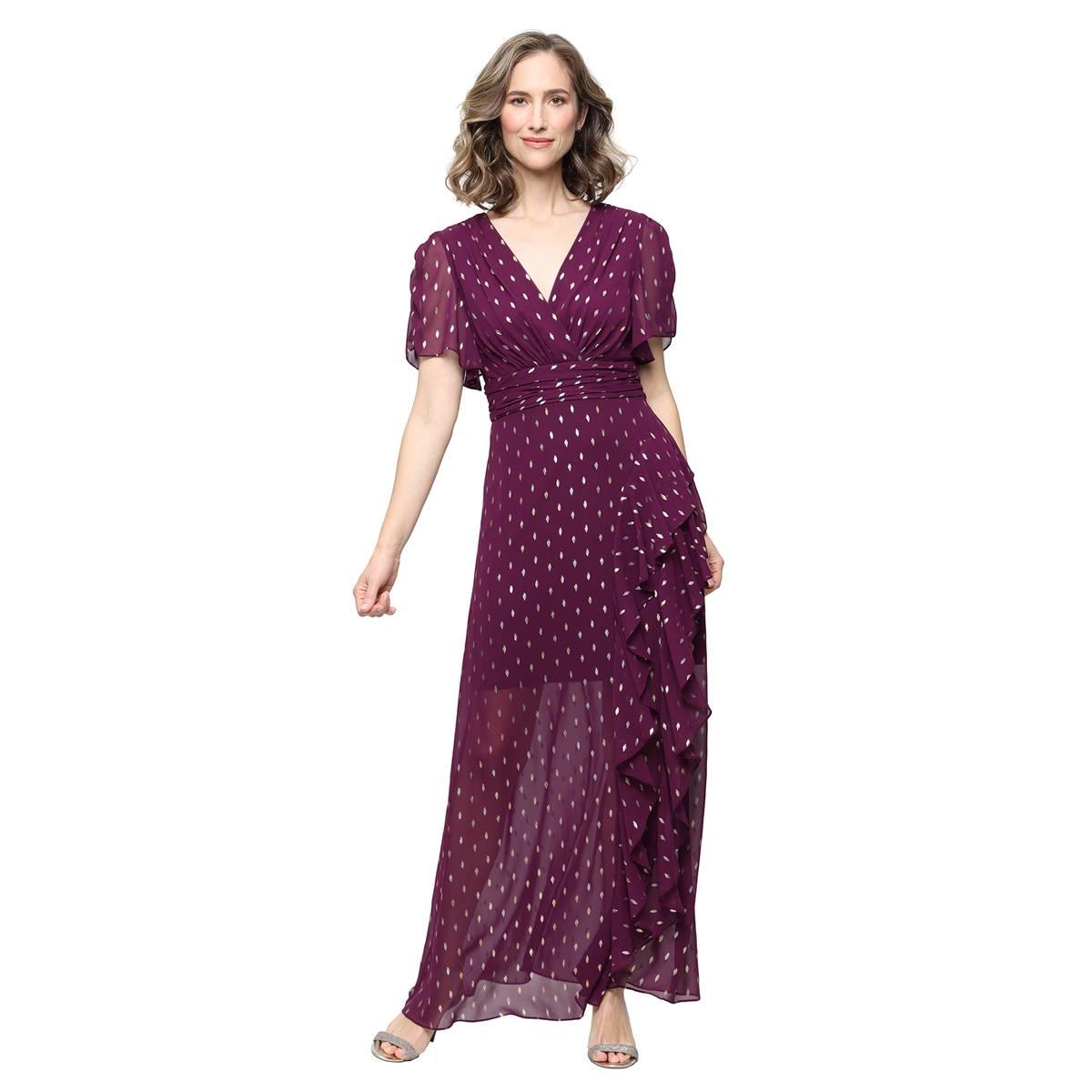 Womens SLNY Short Sleeve RuChed Waist Foil Dot Cascade Gown