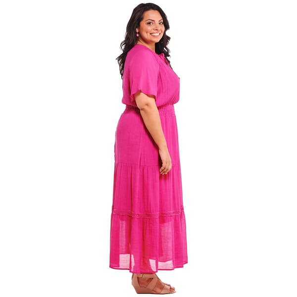 Plus Size Luxology Short Sleeve Tie Neck Smock Waist Maxi Dress