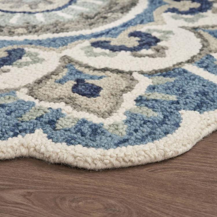 9th & Pike® Round Wool Blue & Cream Floral Hand Tufted Area Rug