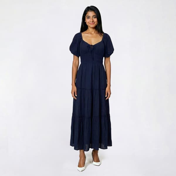 Juniors Trixxi Puff Sleeve Tie Front Tier Midi Dress