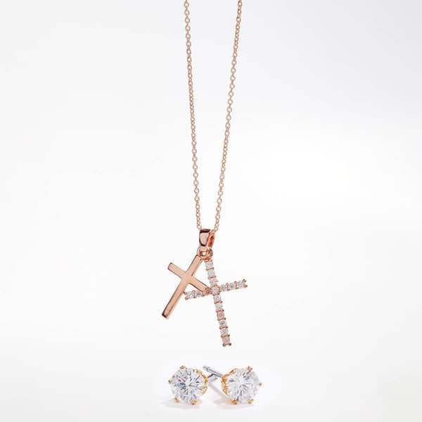 Rose Gold CZ Cross Pendant & Earring Set - image 
