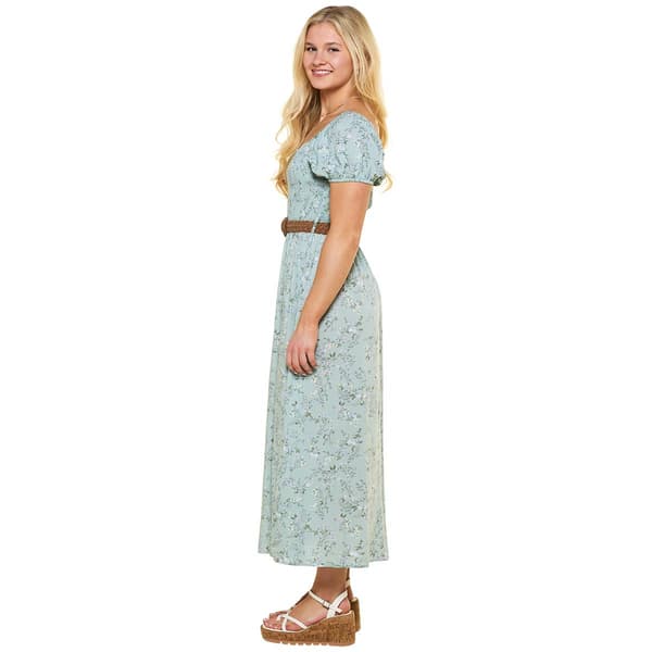 Juniors Wallflower Floral Gauze Smocked Bodice Belted Maxi Dress